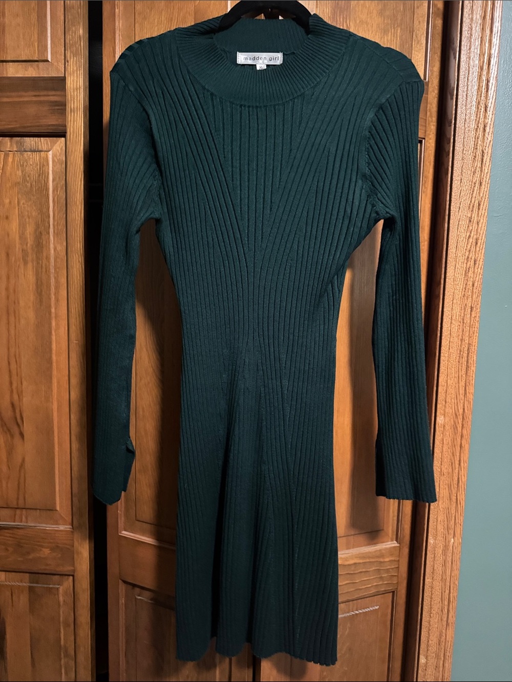 Madden Girl Forest Green Ribbed Long Sleeve Light weight Sweater  Dress